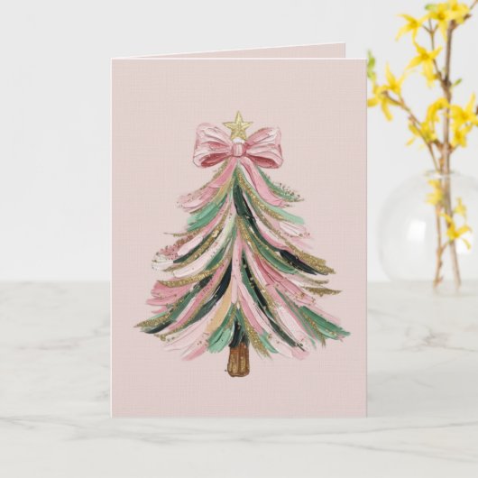 Elegant Pink and Green Brushstroke Christmas Tree  カード (黄色い花)