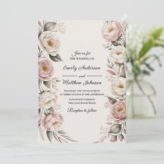 Elegant Pink and Ivory Floral Wedding Invitation 招待状 (スタンド正面)