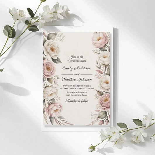 Elegant Pink and Ivory Floral Wedding Invitation 招待状