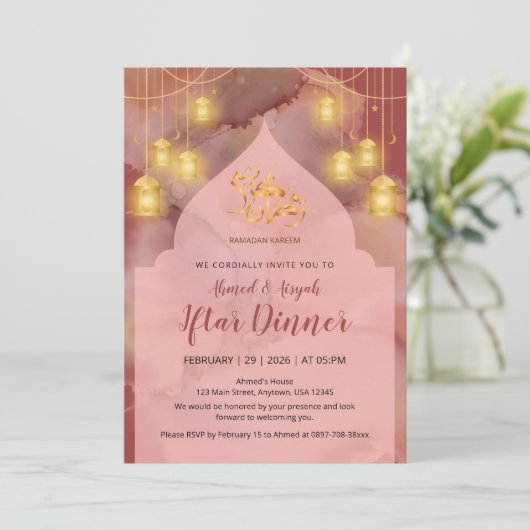 Elegant Pink and Maroon gold Ink Iftar 招待状 (スタンド正面)