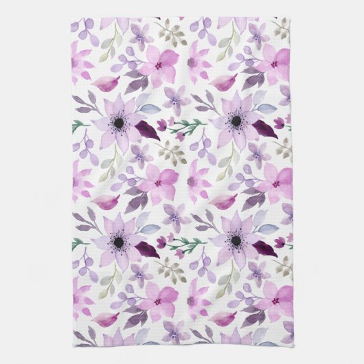 Elegant Pink and Purple Flower Pattern キッチンタオル (縦)