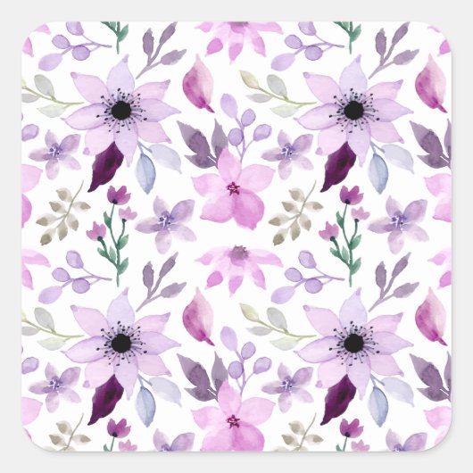 Elegant Pink and Purple Flower Pattern スクエアシール (正面)