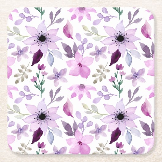Elegant Pink and Purple Flower Pattern スクエアペーパーコースター (正面)