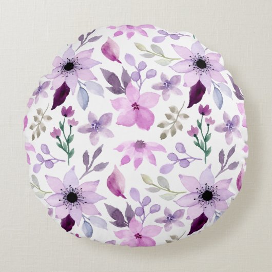 Elegant Pink and Purple Flower Pattern ラウンドクッション (正面)