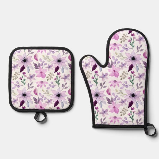 Elegant Pink and Purple Flower Pattern 鍋つかみ&鍋敷きセット (正面)