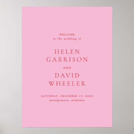 Elegant Pink and Red Classic Wedding Welcome Sign ポスター (正面)