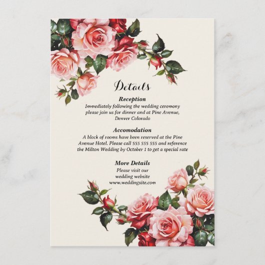 Elegant pink and red roses floral wedding エンクロージャーカード (正面)