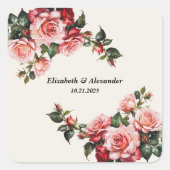 Elegant pink and red roses floral wedding  スクエアシール (正面)