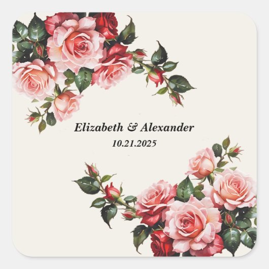 Elegant pink and red roses floral wedding スクエアシール (正面)