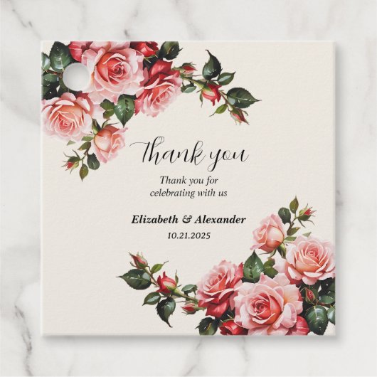 Elegant pink and red roses floral wedding  フェイバータグ (正面)