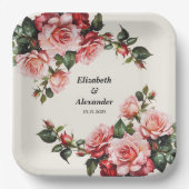 Elegant pink and red roses floral wedding  ペーパープレート (正面)