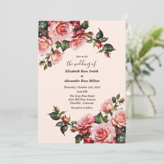 Elegant pink and red roses floral wedding 招待状 (スタンド正面)