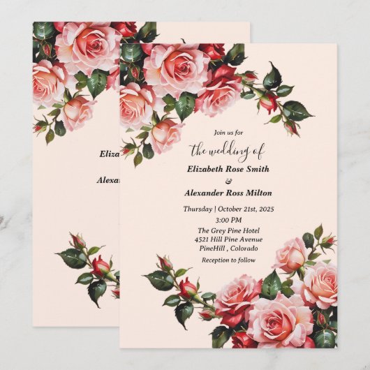 Elegant pink and red roses floral wedding 招待状 (正面/裏面)