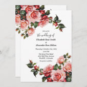 Elegant pink and red roses floral wedding 招待状 (正面/裏面)