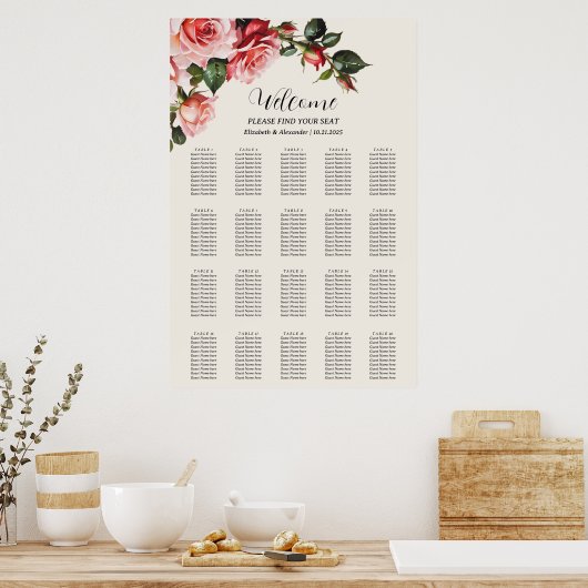 Elegant pink and red roses wedding seating chart ポスター (キッチン)