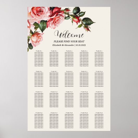 Elegant pink and red roses wedding seating chart ポスター (正面)