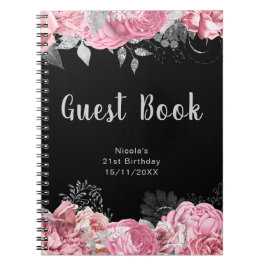 Elegant Pink and Silver Flower Birthday Guest Book ノートブック