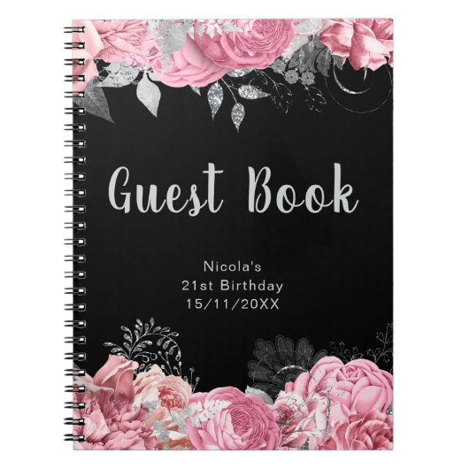 Elegant Pink and Silver Flower Birthday Guest Book ノートブック (正面)