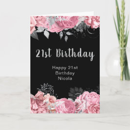 Elegant Pink and Silver Flowers Birthday カード