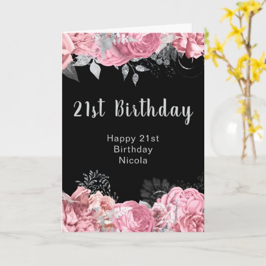 Elegant Pink and Silver Flowers Birthday カード (黄色い花)