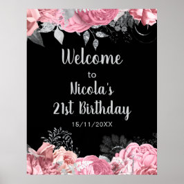 Elegant Pink and Silver Flowers Birthday Part ポスター