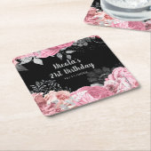 Elegant Pink and Silver Flowers Birthday Party  スクエアペーパーコースター (アングル)