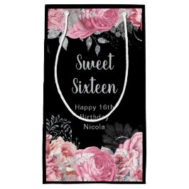 Elegant Pink and Silver Flowers Sweet Sixteen  スモールペーパーバッグ