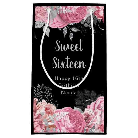 Elegant Pink and Silver Flowers Sweet Sixteen  スモールペーパーバッグ (正面)