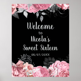 Elegant Pink and Silver Flowers Sweet Sixteen  ポスター