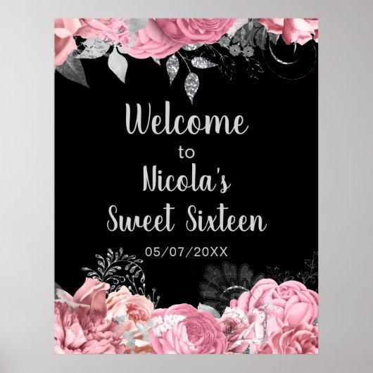 Elegant Pink and Silver Flowers Sweet Sixteen  ポスター (正面)