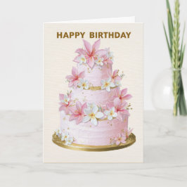 Elegant Pink and White Floral Cake Birthday Card カード