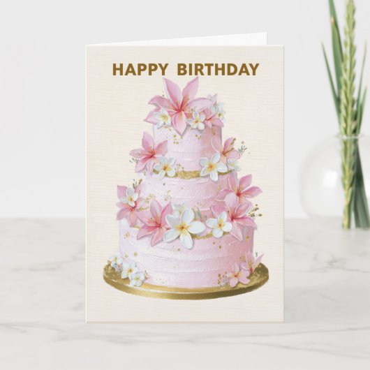 Elegant Pink and White Floral Cake Birthday Card カード (正面)