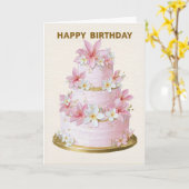 Elegant Pink and White Floral Cake Birthday Card カード (黄色い花)