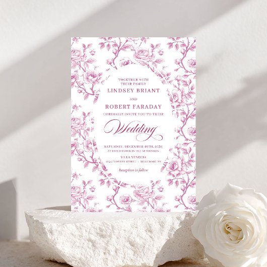 Elegant Pink and White Floral Toile Wedding Invite 招待状
