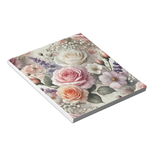 Elegant Pink and White Rose Pattern Notepad ノートパッド (アングル)