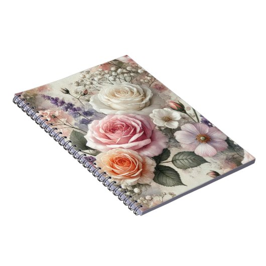 Elegant Pink and White Rose Pattern Spiral Noteboo ノートブック (右側)