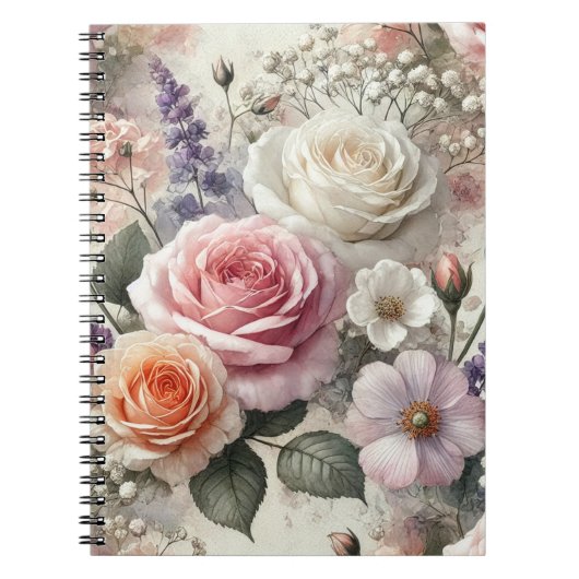 Elegant Pink and White Rose Pattern Spiral Noteboo ノートブック (正面)