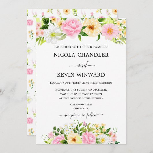 Elegant Pink and Yellow Floral Wedding 招待状 (正面/裏面)
