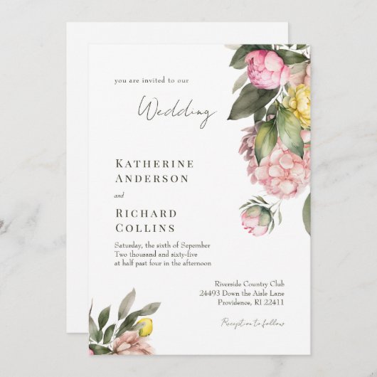 Elegant Pink and Yellow Peonies Wedding 招待状 (正面/裏面)