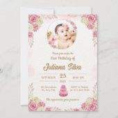 Elegant Pink Baby Girl First Birthday Custom Photo 招待状 (正面)