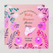 Elegant pink baby shower, butterflies and flowers  招待状 (正面/裏面)