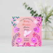 Elegant pink baby shower, butterflies and flowers  招待状 (スタンド正面)