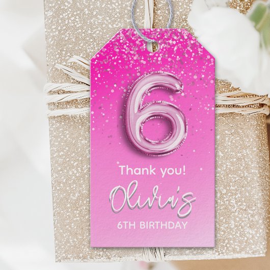 Elegant Pink Balloon 6th Birthday Girl ギフトタグ