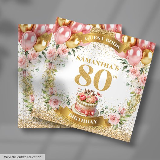 Elegant Pink Balloons 80th Birthday Guest Book ゲストブック