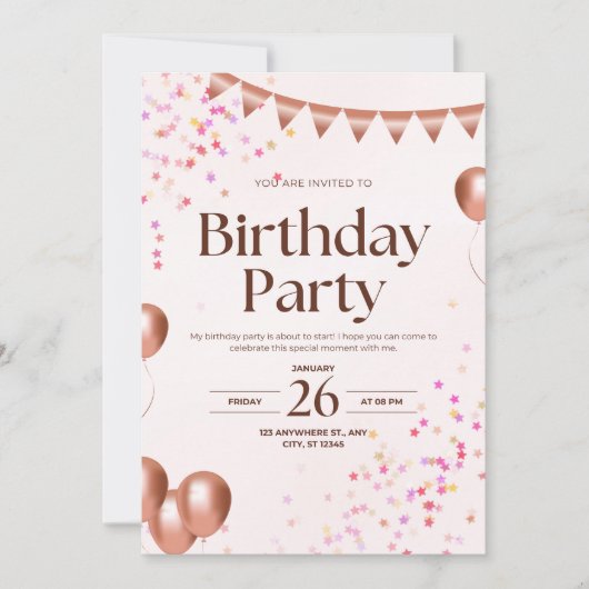 Elegant Pink Birthday Party Invitation Card 招待状 (正面)