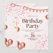 Elegant Pink Birthday Party Invitation Card 招待状 (正面/裏面)