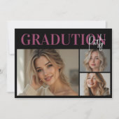 Elegant Pink Black 3Photo Graduation Party  招待状 (正面)