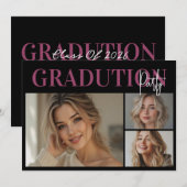 Elegant Pink Black 3Photo Graduation Party  招待状 (正面/裏面)