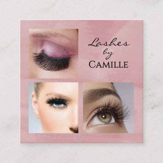 Elegant Pink Black Script 3 Photo Makeup スクエア名刺 (正面)