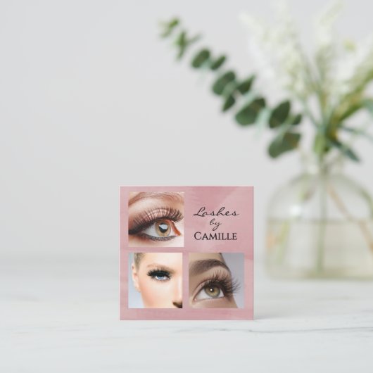 Elegant Pink Black Script 3 Photo Makeup スクエア名刺 (スタンド正面)